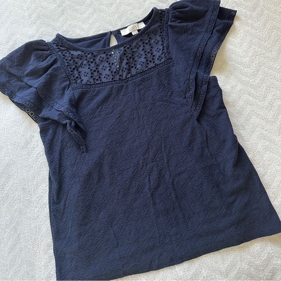 Loft Eyelet‎ Puff Shoulder Blouse Navy Blue Size L Petite - Picture 3 of 9